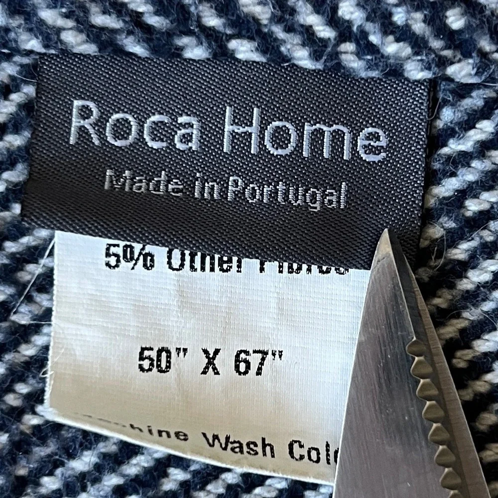Roca Home Navy White Striped Woven Throw Blanket Fringe 50x67 Made in Portugal